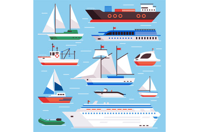 Flat sea ships. Marine shipping sailing boat, ocean cruise liner and i