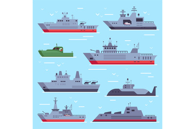 Flat military boats. Navy battle ships, sea combat security boat and b