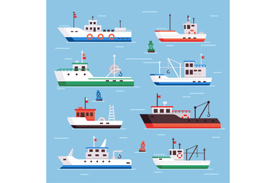 Flat fishing boats. Commercial fishery ships, seafood industry ship an