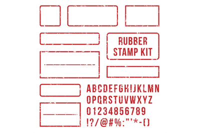 Rubber stamp letters. Red stamps frame and letterpress symbols with fo