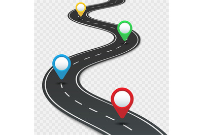 Highway roadmap with pins. Car road direction, gps route pin road trip