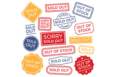 Sold out stamps. Out of stock rubber stamp, red rectangular shopping l