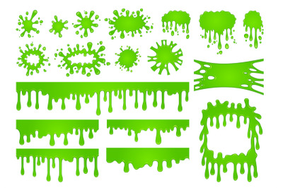 Cartoon liquid slime. Green goo paint drops, spooky splash border and