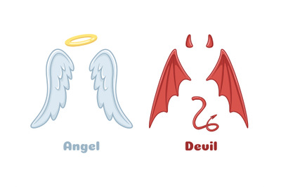 Angels and demons wings. Cartoon evil demon horns and good angel wing