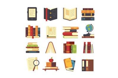 Flat book icons. Library books, open dictionary and encyclopedia on st