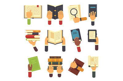 Hands with books. Holding book in hand, reading ebook and reader learn