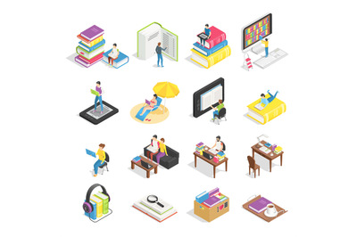 Isometric book set. Reading books, textbooks for student learning and