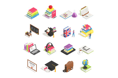 Isometric college education icon. School blackboard, students briefcas