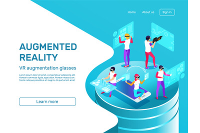 Isometric 3d people learning and working at augmented reality headset