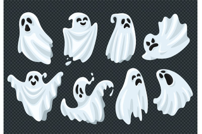 Spooky halloween ghost. Fly phantom spirit with scary face. Ghostly ap