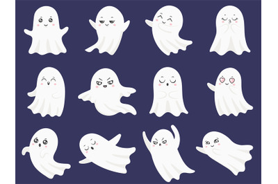 Cute halloween ghosts. Frightened funny ghost, curious spook and smili