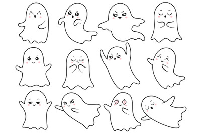 Cute kawaii ghost. Spooky halloween ghosts, smiling spook and scary gh