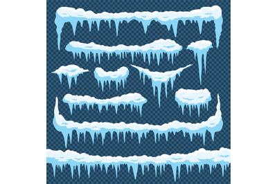 Cartoon snow icicles. Icicle ice with snowcap on top. Winter snowing b