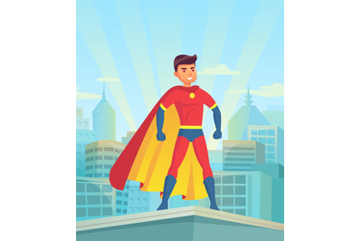 Cartoon superhero watching city. Comic powerful man, hero in super sui