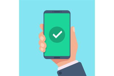 Checkmark on smartphone screen. Green confirmation notification on mob