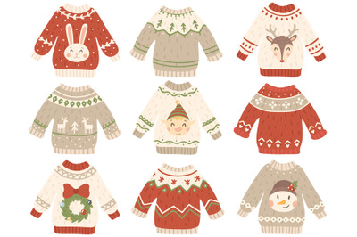 Cute christmas jumper. Xmas ugly sweater with funny snowman, Santas he