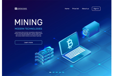 Cryptocurrency mining. Blockchain farms mainframe or mine computer sys