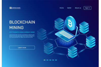 Blockchain mining. Cryptography coins currency miner on laptop connect