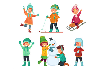 Cartoon winter kids. Children play in winters holiday, sledding and ma