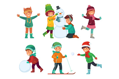 Happy kids winter activities. Children playing with snow. Cartoon kid