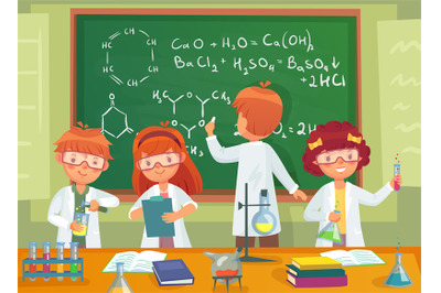 School kids study chemistry. Children pupils studying science and writ