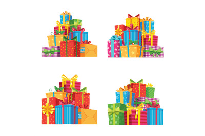 Christmas presents in gift boxes. Birthday present box, xmas gifts pil