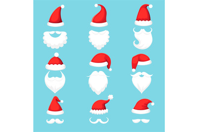 Santa Claus hat and beard. Christmas traditional red warm hats with fu