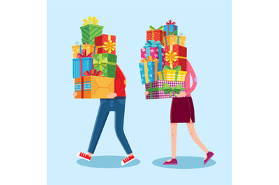 Carry gifts stack. Carrying christmas stacked presents in man and woma