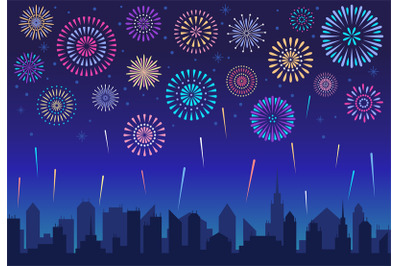 Night city fireworks. Holiday celebration firework, celebrated festive