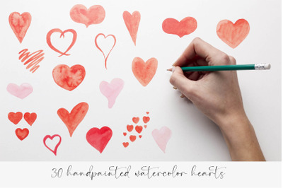 30 Handpainted Watercolor Hearts