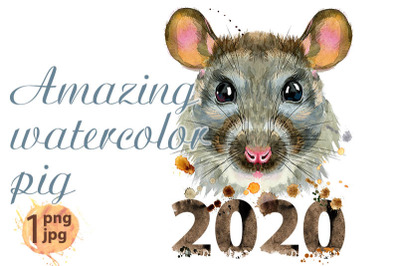 Watercolor portrait of rat with splashes and year 2020