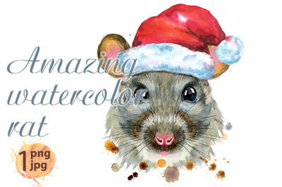 Watercolor portrait of rat in Santa hat