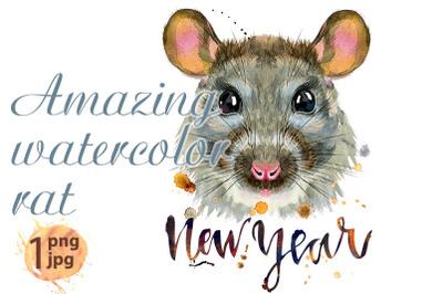 Watercolor portrait of rat with the inscription new year and splashes