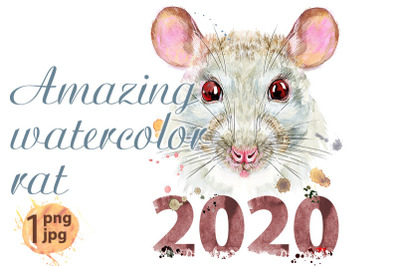 Watercolor portrait of white rat with splashes and year 2020