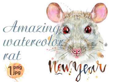 Watercolor portrait of white rat with the inscription new year