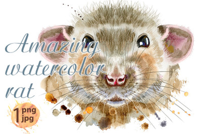 Watercolor portrait of rat with splashes