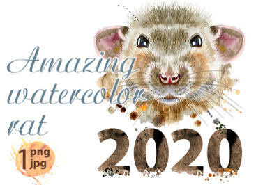 Watercolor portrait of rat with splashes and year 2020