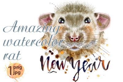 Watercolor portrait of rat with the inscription new year and splashes