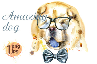 Watercolor portrait of chow-chow dog with bow-tie and glasses