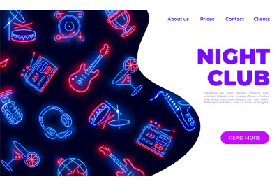 Neon night club landing. Dance music karaoke bar web page. Vector illu