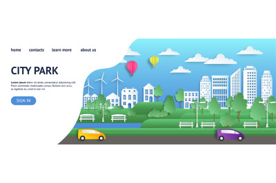 City landing page. Paper summer town in origami style web page, green