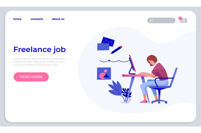 Freelance job landing template. Young woman professional working onlin