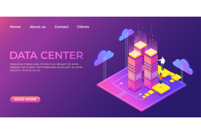 Data center landing page. Information database isometric website templ