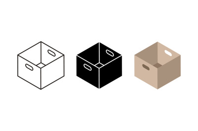 Carton box icons. Flat black and linear cardboard box and delivery ser