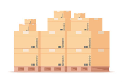 Carton box pallet. Flat warehouse cardboard packages stack, front view