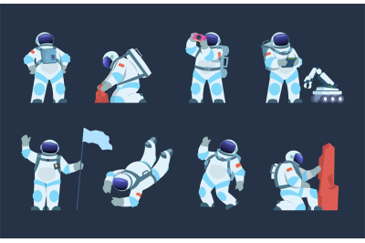 Astronaut character. Cartoon spaceman design, cosmonaut in motion, tak