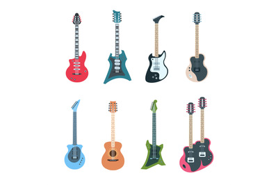 Guitar set. Flat electric and acoustic string music instruments of dif