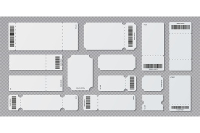 Empty ticket template. Concert movie theater and boarding blank white