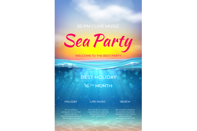 Realistic summer poster. Pool party design&2C; ocean underwater scene for