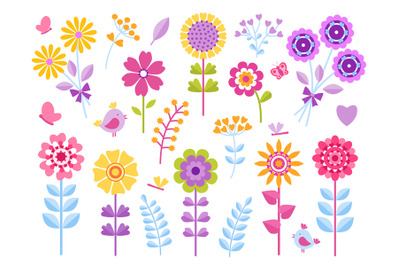 Cartoon flower stickers. Cute butterflies bugs and birds kid clip art&2C;